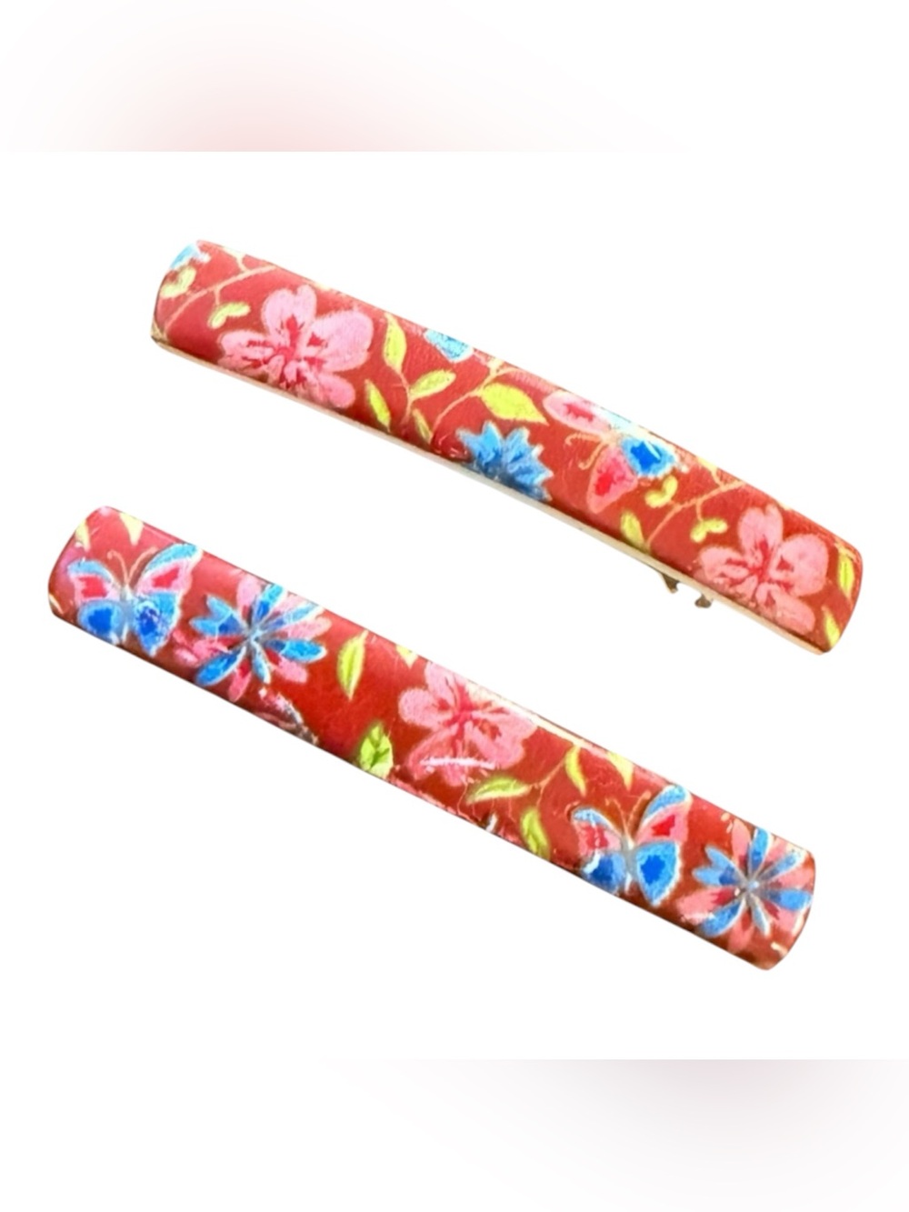 1970’s Red Floral French Barrettes Hair Clips, Deadstock, Made in France, Pair